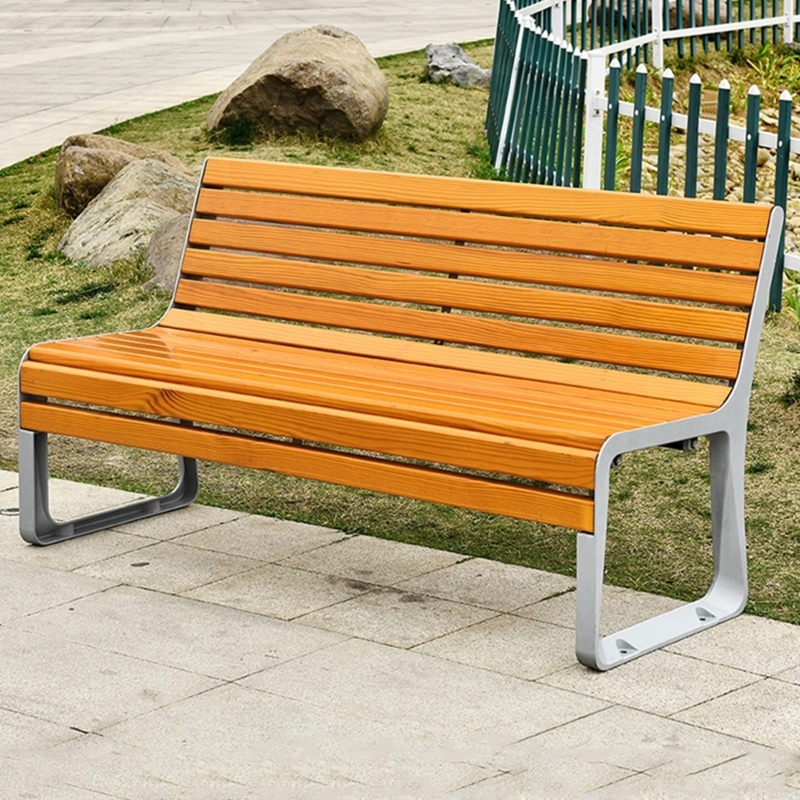 Garden Bench Cast Aluminum Loop Legs Honey Brown Slats Industrial Style
