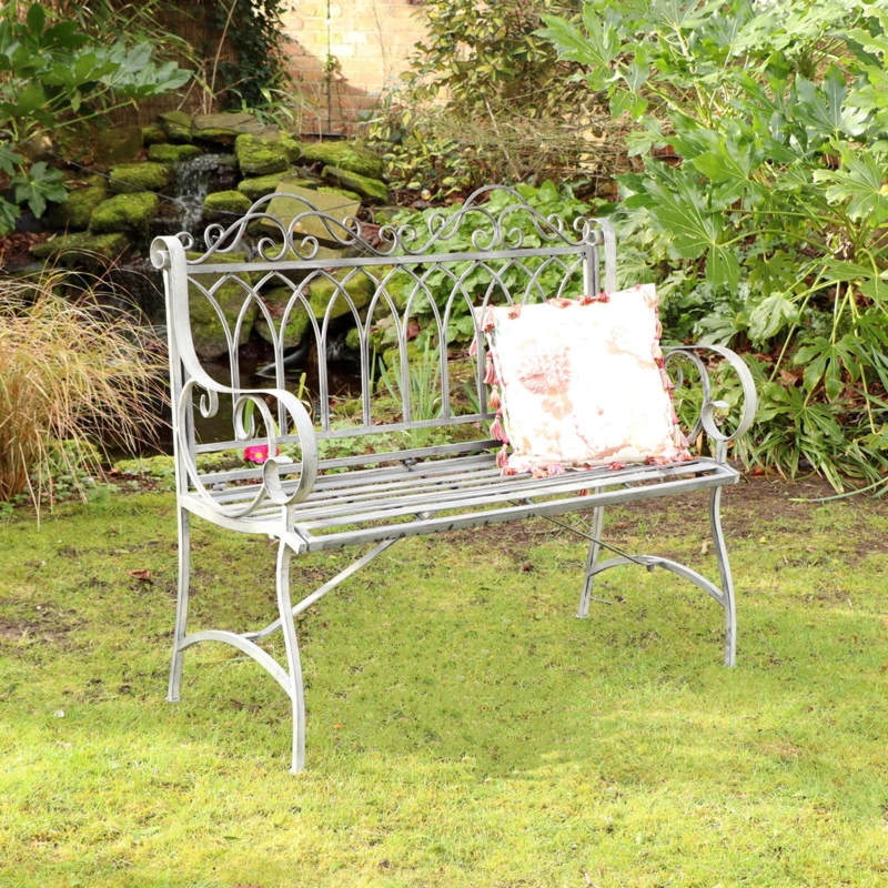 Garden Bench Distressed Grey Finish Gothic Arch Backrest