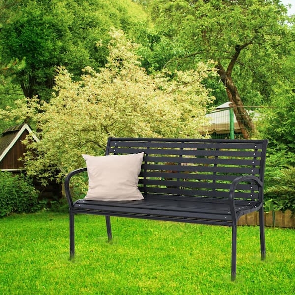 Garden Bench Horizontal Slats Curved Armrests Accent Pillow Traditional