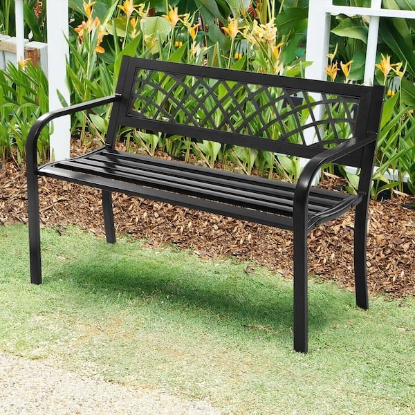 Garden Bench Lattice Back Metal Slatted Seat Transitional Style