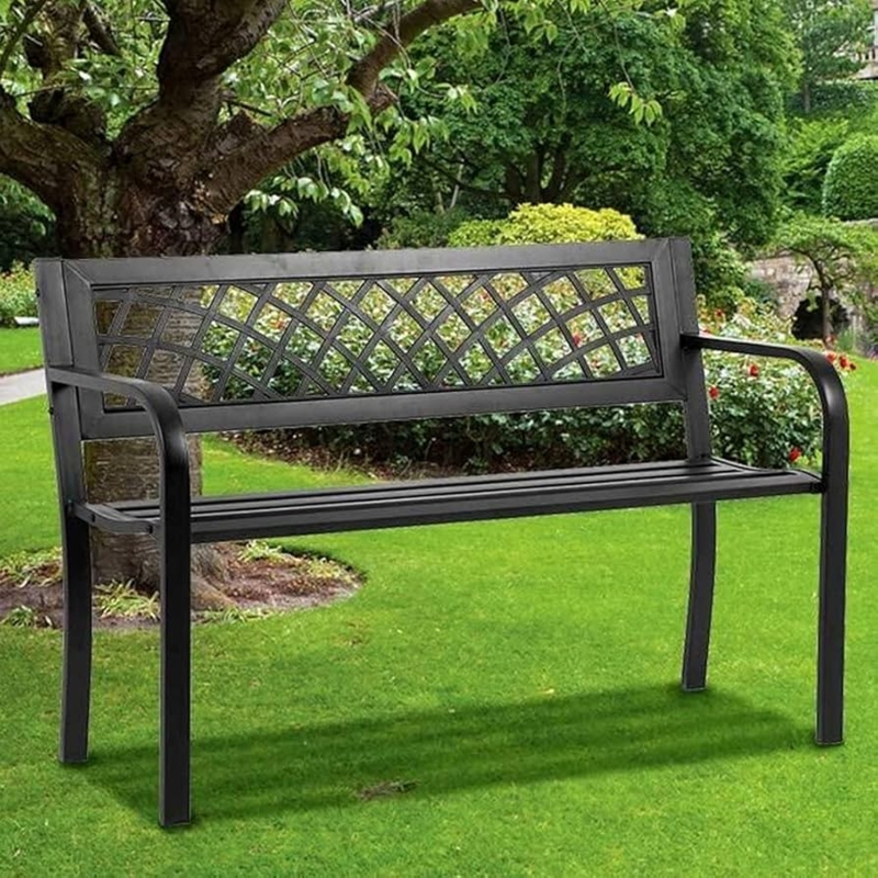 Garden Bench Lattice Backrest Matte Black Metal Frame