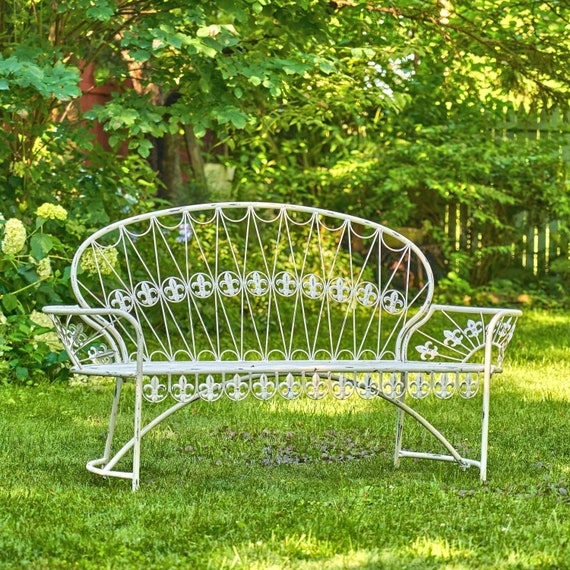 Garden Bench Ornate Iron Fleur-de-Lis Weathered White Metal