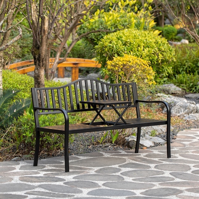 Garden Bench Pop Up Table Slatted Steel Matte Black Weather Resistant