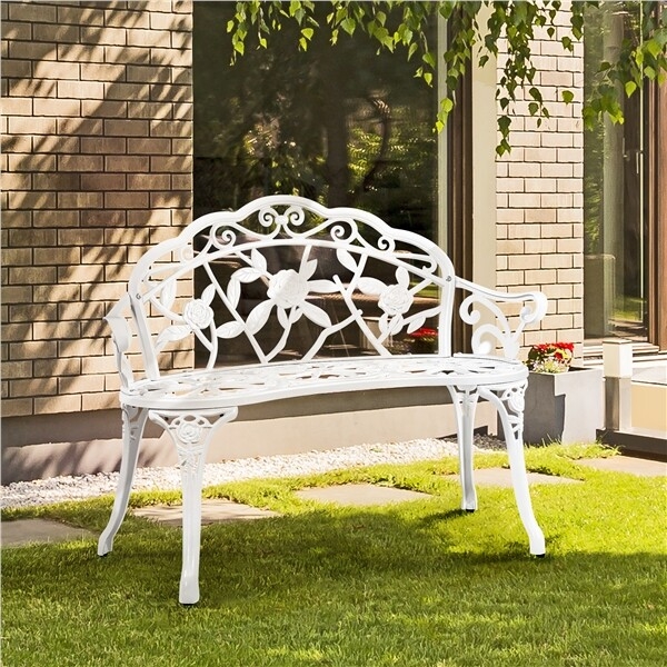 Garden Bench Rose Floral Motifs Bright White Cast Aluminum Ornate
