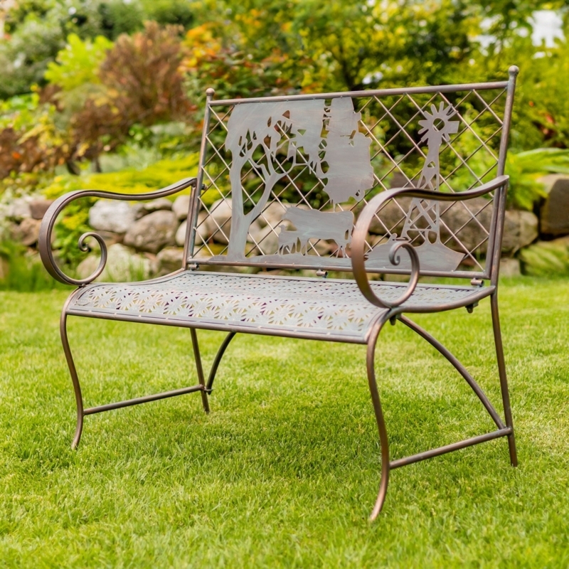 Garden Bench Silhouette Backrest Farm Scene Antique Bronze Rustic
