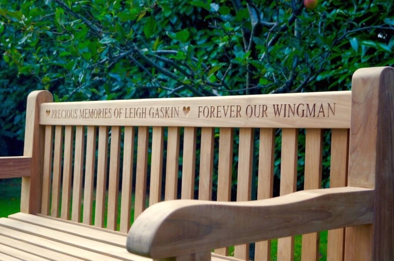 Garden Bench Vertical Slats Warm Honey Engraved Wood