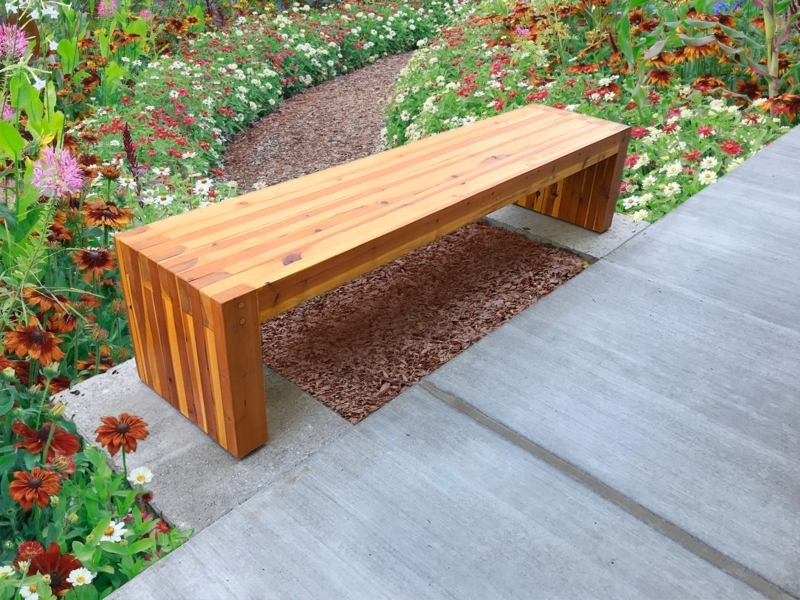 Garden Bench Warm Wood Slats Waterfall Edge Backless Minimalist