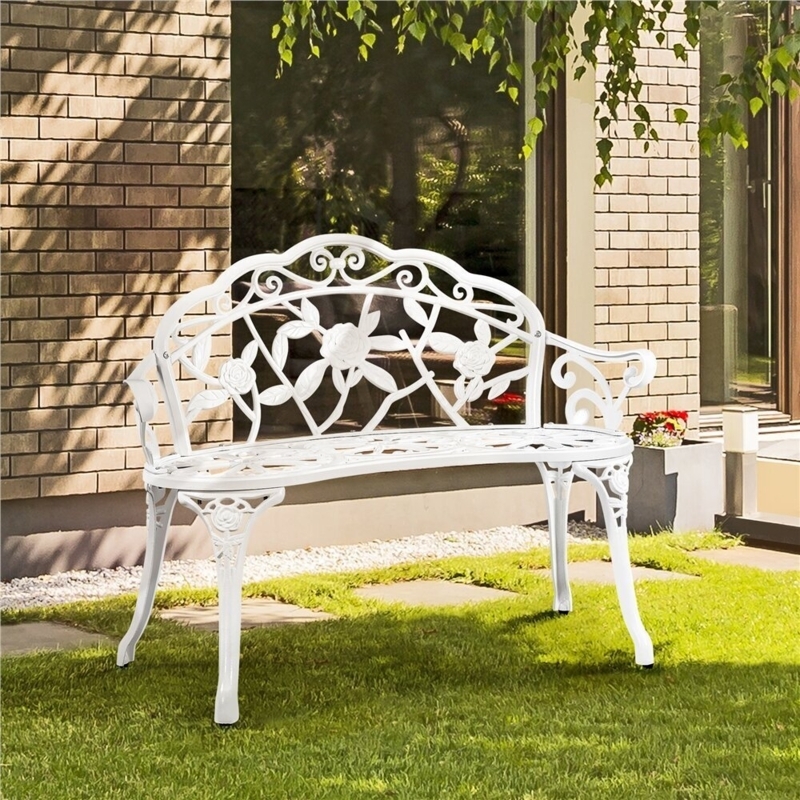 Garden Bench White Metal Rose Motif Backrest Filigree
