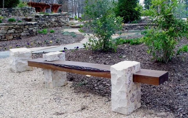 Garden Bench with Live Edge Wood Seat and Slotted Stone Base