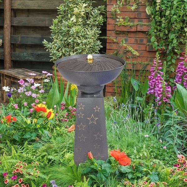 Garden Bird Bath Fountain with LED Lights and Etched Star Pattern