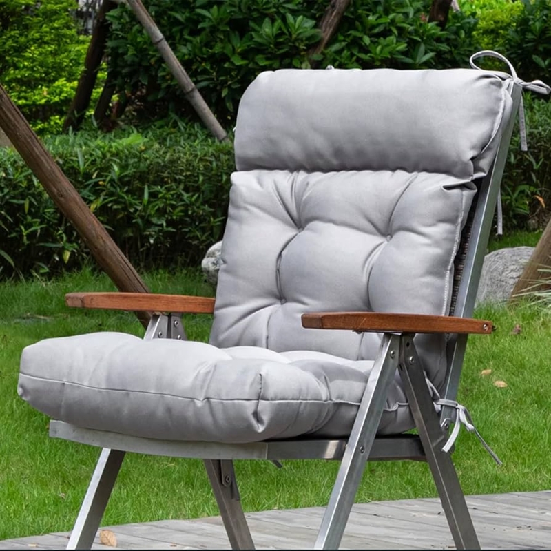 Garden Chair Cushion: Integrated Headrest, Light Grey Tufted Design