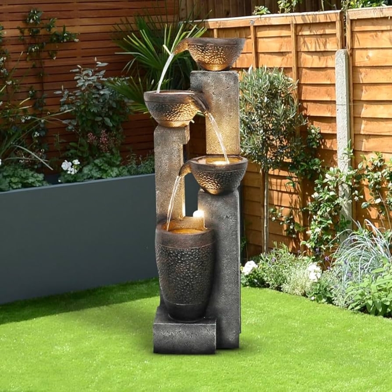 Garden Fountain with Hammered Bowls and Four-Tier Waterfall
