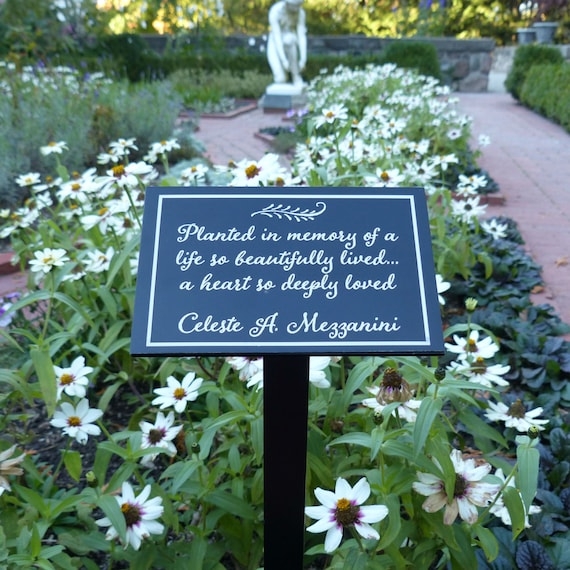 Garden Marker in Matte Black with White Script Memorial Text