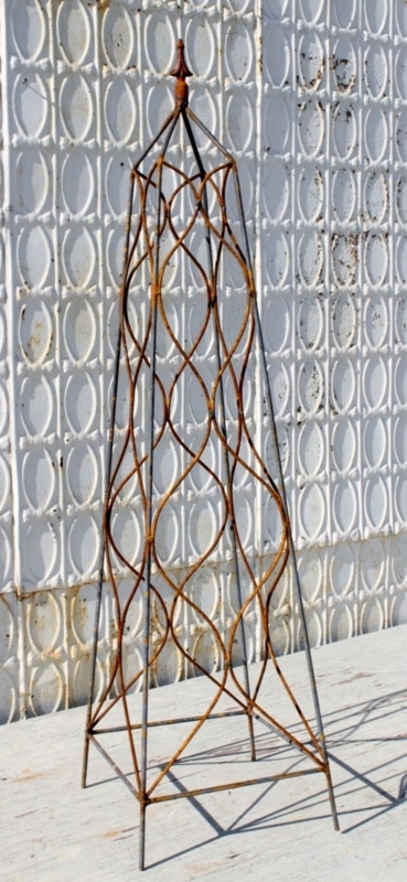 Garden Obelisk, 51 Inch Rusted Iron Trellis with Intertwining Scrolls