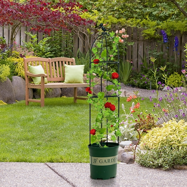 Garden Obelisk Arched Top Bird Finial Matte Black Metal Climbing Frame