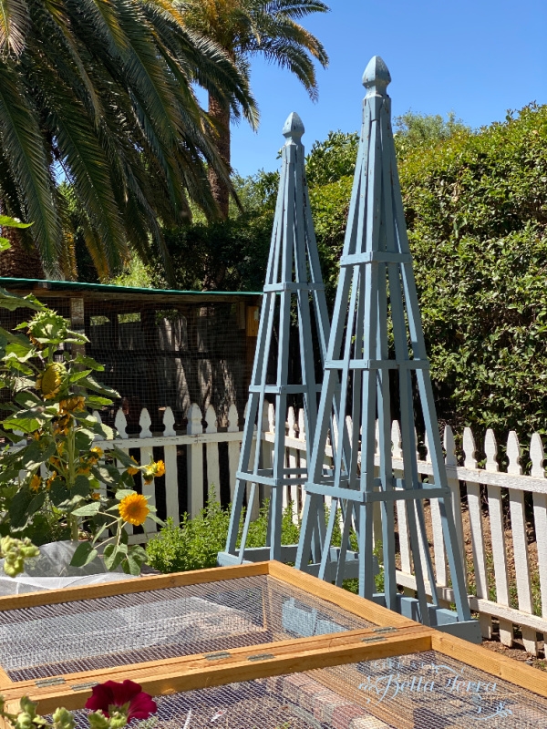 Garden Obelisk, Dusty Blue Painted Wood Lattice Trellis, Cottage Style