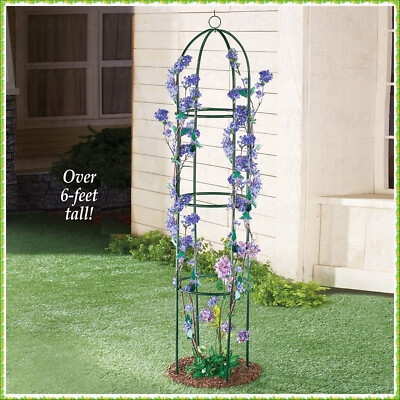 Garden Obelisk, Forest Green Metal Trellis, 6 Foot Tower with Domed Top