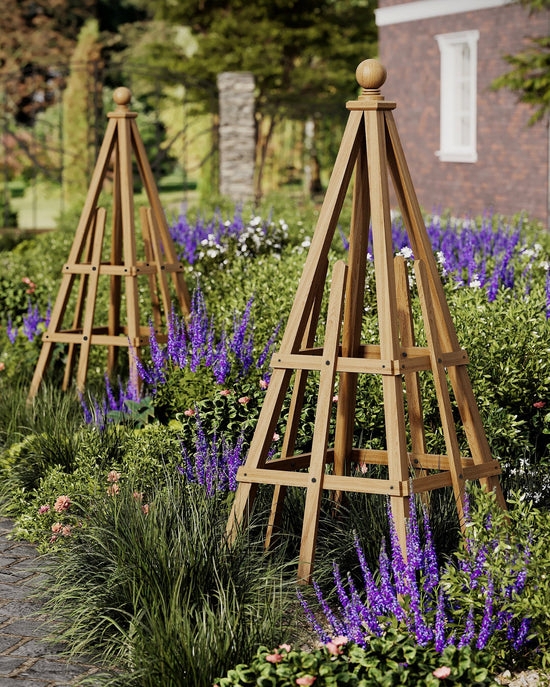 Garden Obelisk, Golden Brown Cedar Wood Trellis Pyramid with Ball Finial