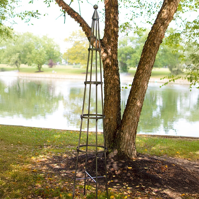 Garden Obelisk, Matte Gray Metal Trellis with Traditional Ball Finial