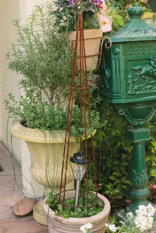 Garden Obelisk, Rusted Cone Trellis with Integrated Solar Light Base