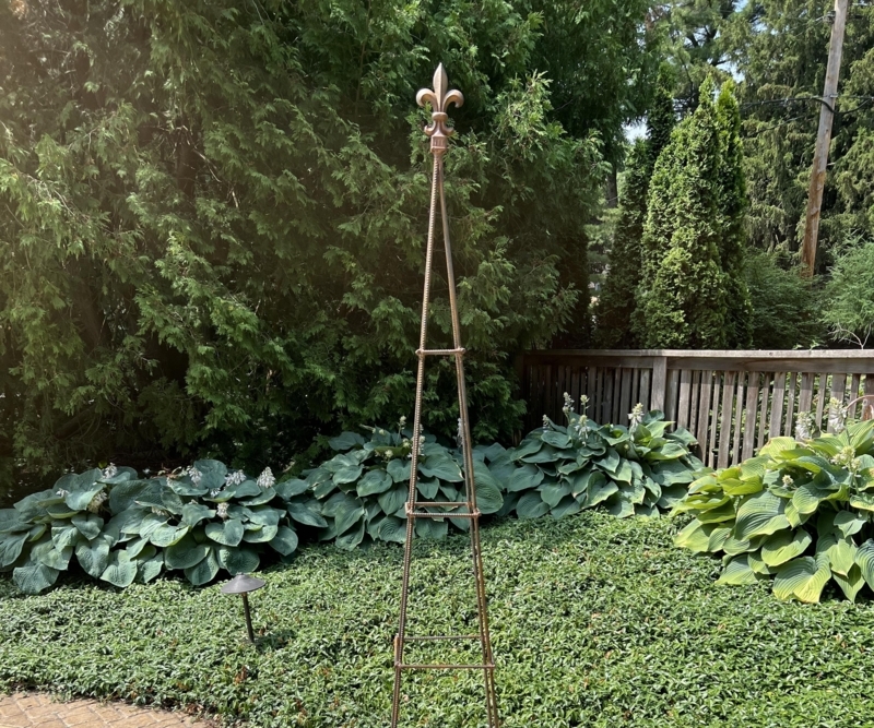 Garden Obelisk, Rustic Rebar Texture Trellis with Fleur-de-Lis Finial