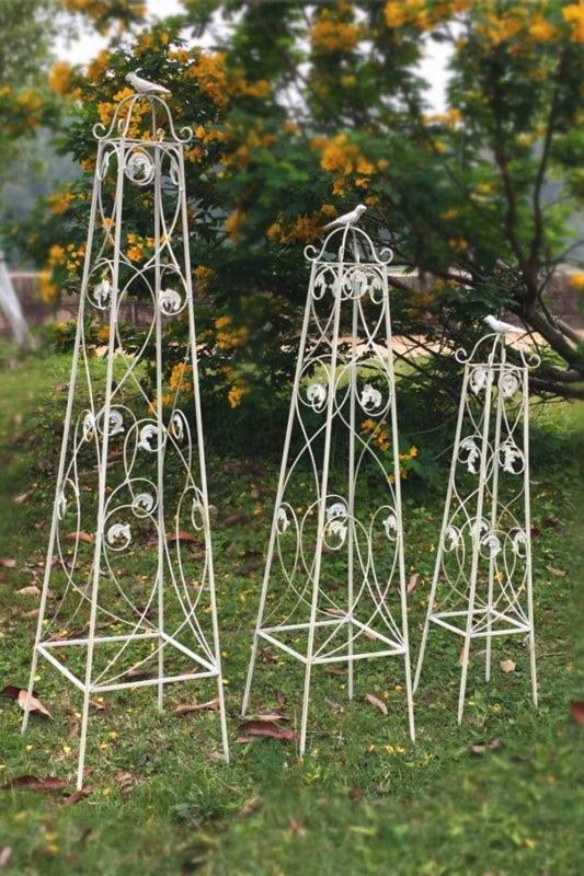 Garden Obelisk Set, Creamy White Metal Trellises with Bird Finials