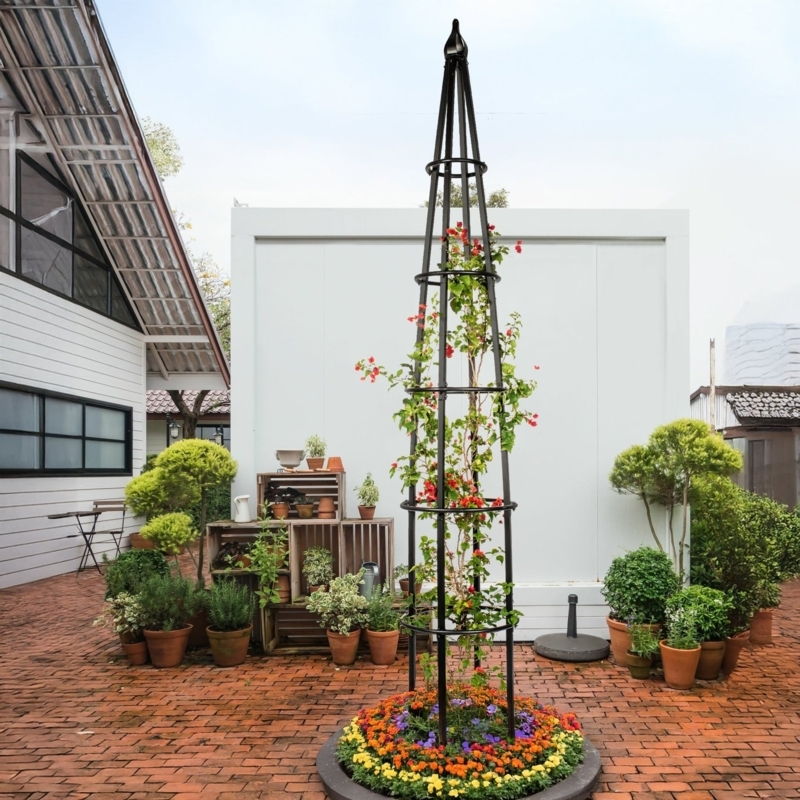 Garden Obelisk, Ten Foot Tall Matte Black Iron Column Trellis
