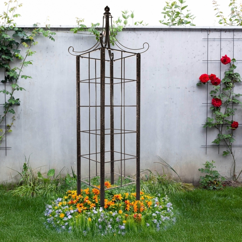 Garden Obelisk, Weathered Metal with Ornamental Scroll Top Trellis