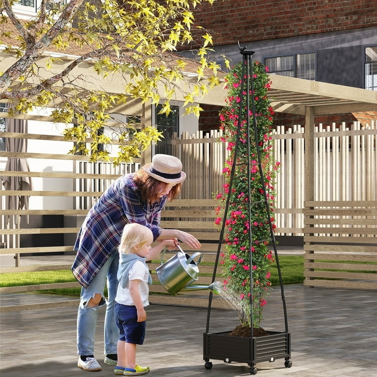 Garden Obelisk Wheeled Base Integrated Planter Matte Black Bird Topper