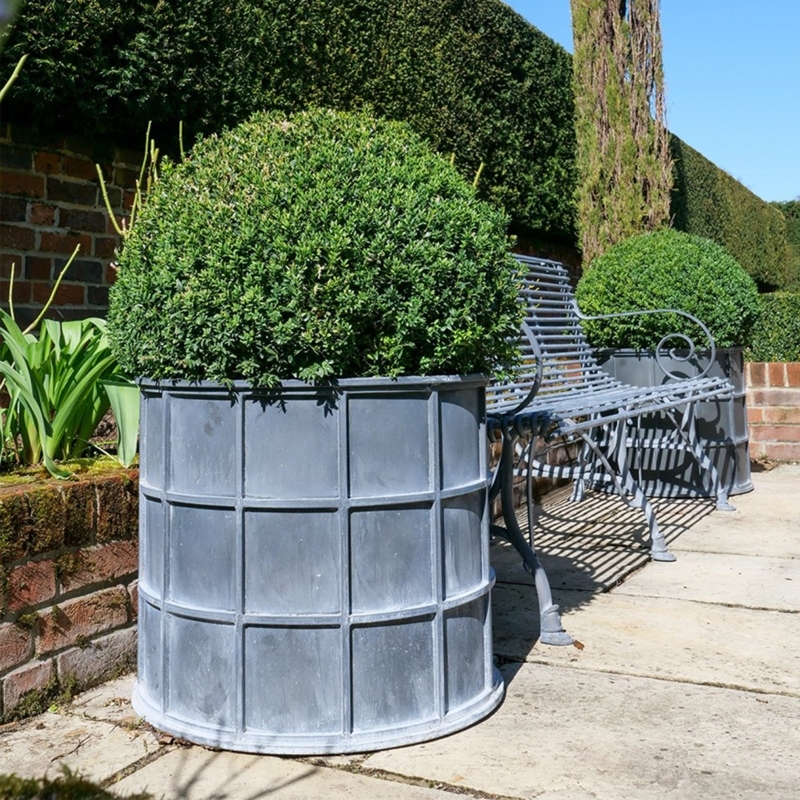Garden Planter Cylindrical Weathered Grey Grid Relief Pattern