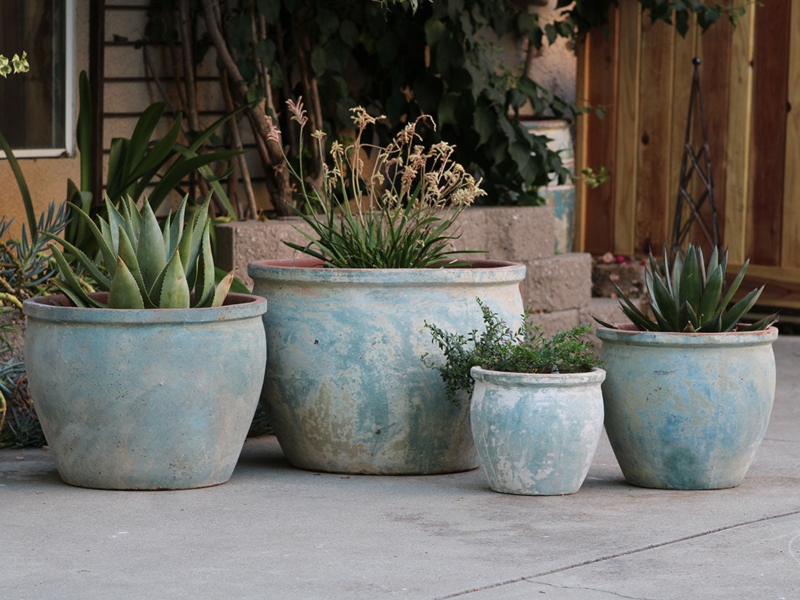 Garden Planter Set Weathered Teal Stoneware Rolled Rims