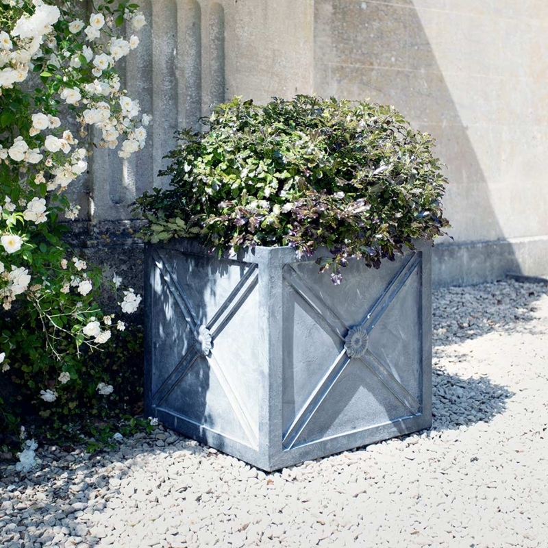 Garden Planter Square Aged Zinc with X-Brace Medallion