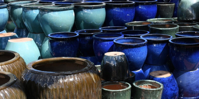 Garden Planters, Vibrant Cobalt Glaze, Ribbed Texture, Reflective Finish