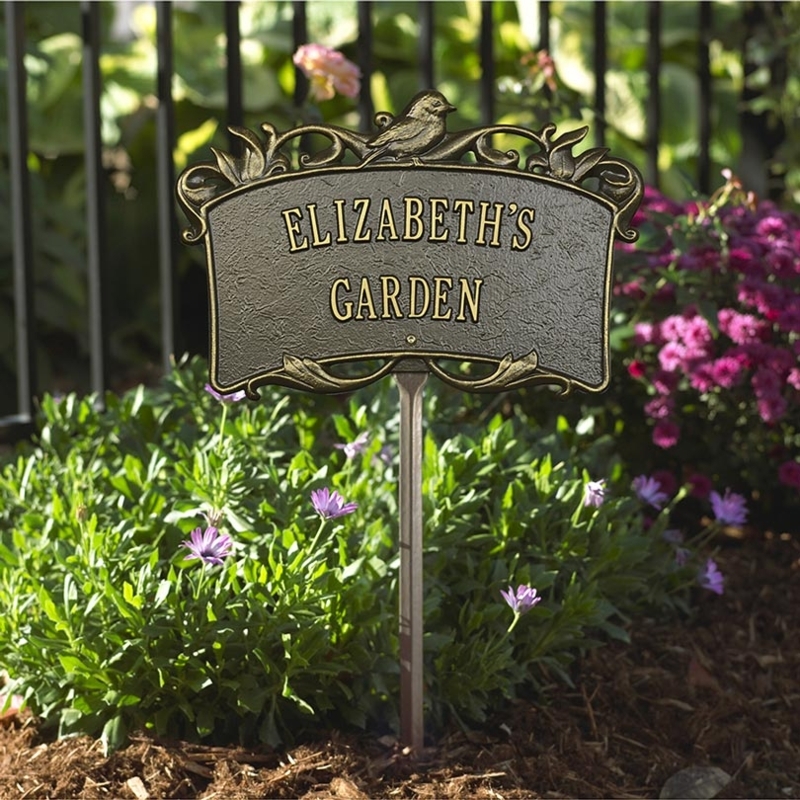 Garden Plaque with Bird Topper, Aged Bronze Patina & Stake