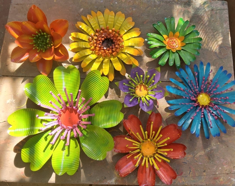 Garden Sculpture Set Upcycled Metal Corrugated Texture