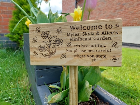 Garden Sign Engraved Wood with Bee Illustrations and Stake