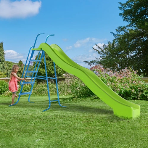 Garden Slide Blue Metal Frame Tall Handrails Wavy Bed Lime Green