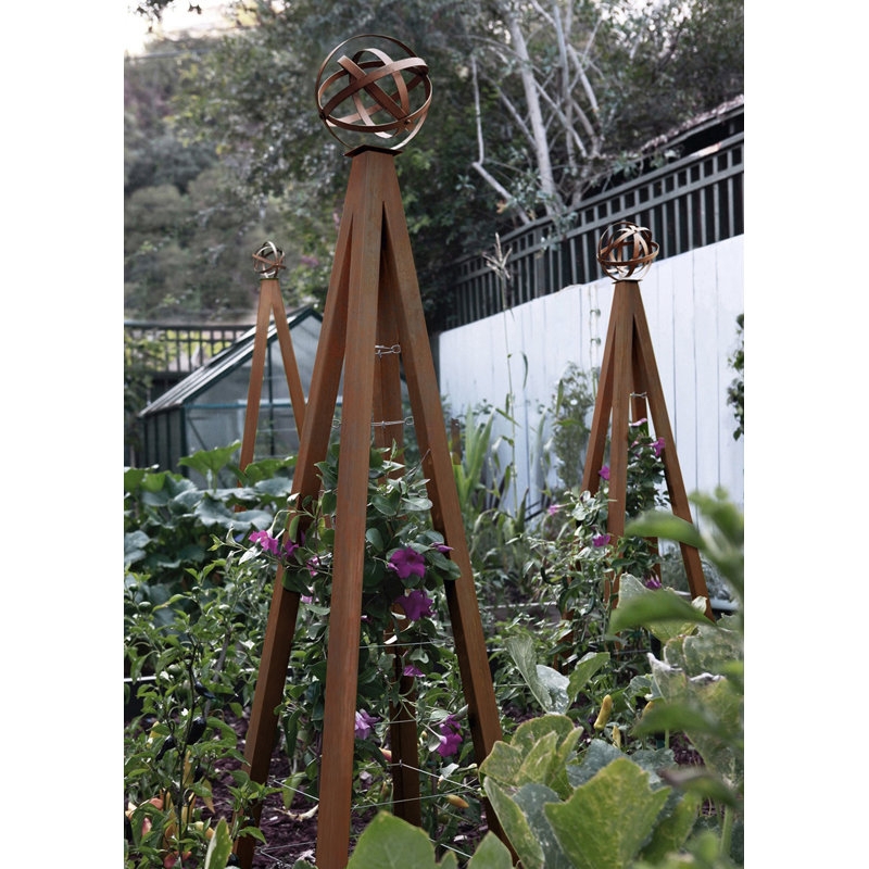 Garden Trellis, Rusted Steel Obelisk with Armillary Sphere Top Finial