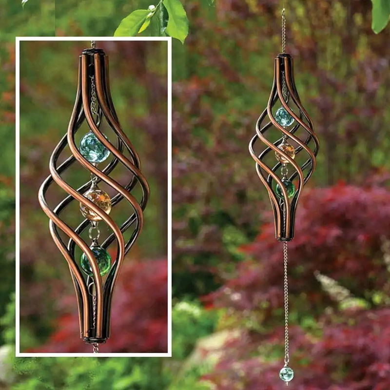 Garden Wind Spinner Helix Cage Multi Colored Glass Spheres Copper