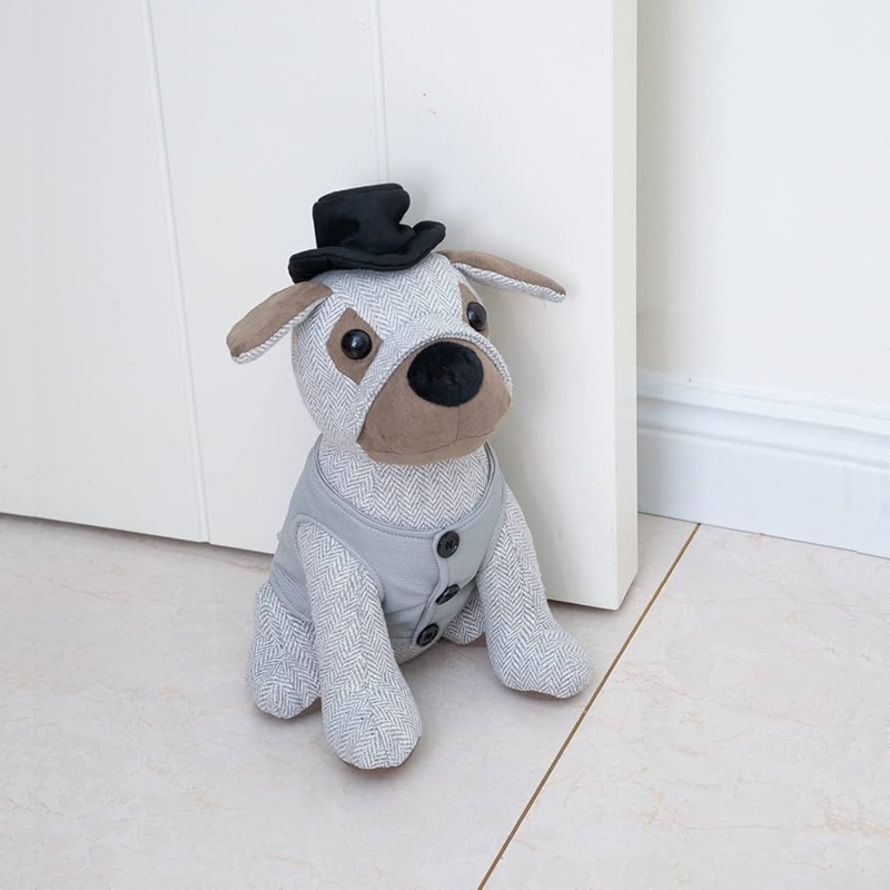 Gentleman Dog Doorstop Herringbone Fabric Top Hat Whimsical Decor
