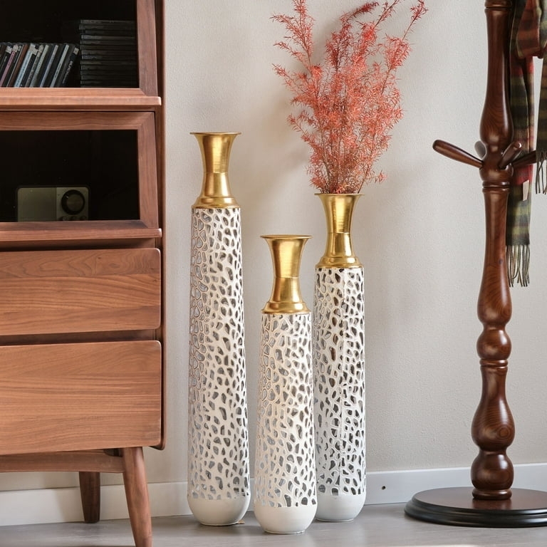 Geometric Hollow Floor Vases Set White and Gold Neck Perforated Design