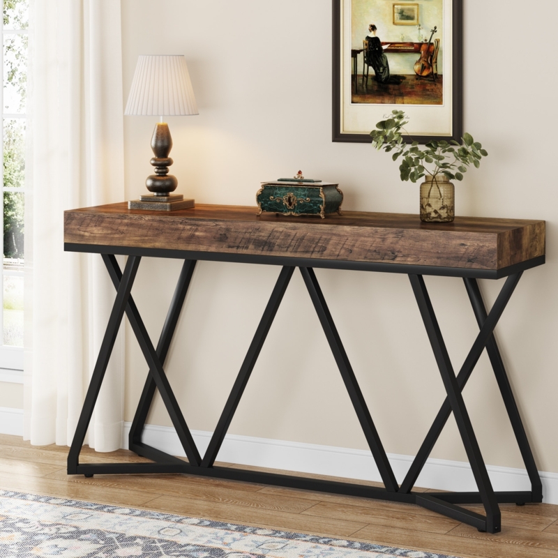 Geometric Metal Console Table with Thick Distressed Wood Top