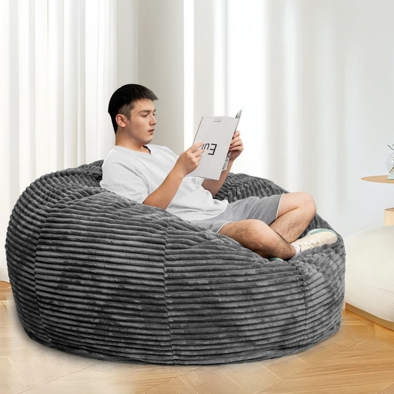 Giant Bean Bag: Charcoal Corduroy Texture, Deep Horizontal Ribbing