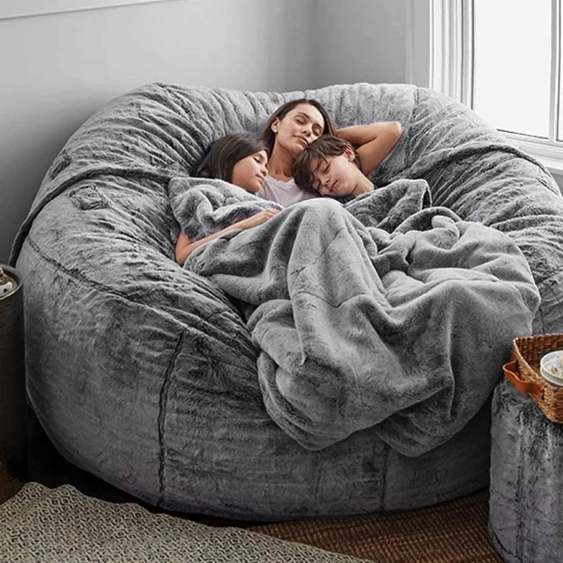 Giant Bean Bag: Charcoal Grey Plush, Includes Matching Throw Blanket.