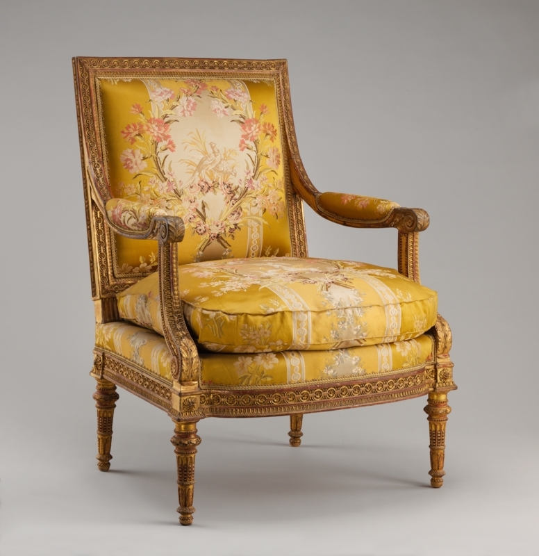Gilded Fauteuil Armchair with Yellow Bird Motif Tapestry