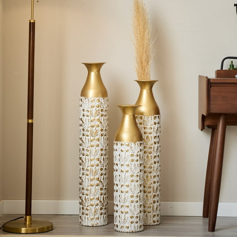 Gilded Petal Floor Vases Set White and Gold Embossed Floral Design