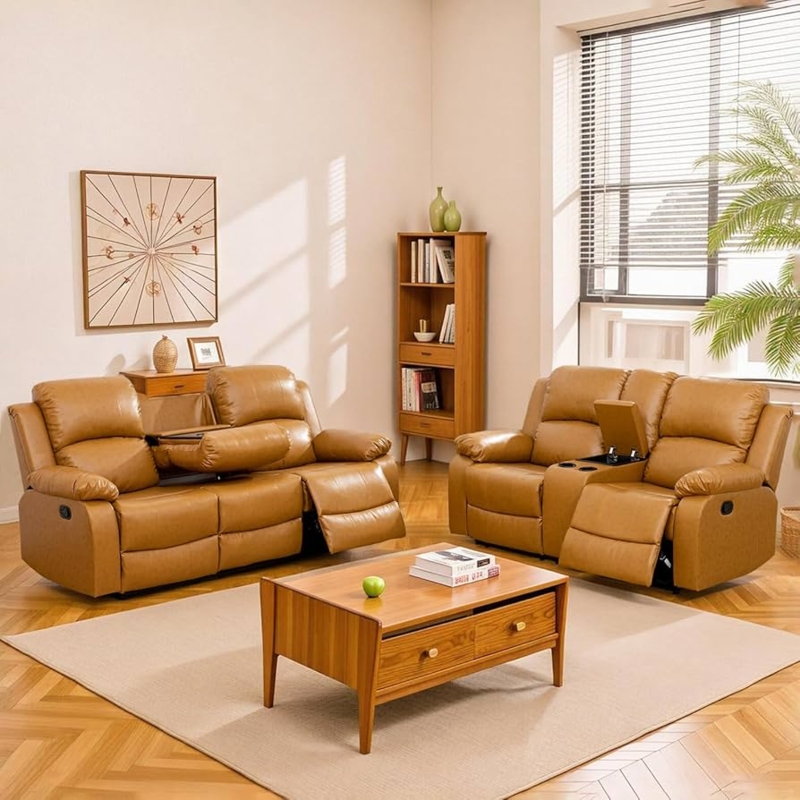Ginger Leather Recliner Set with Fold-Down Console