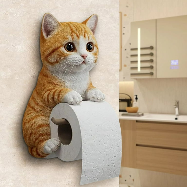 Ginger Tabby Cat Toilet Paper Holder, 3D Whimsical Wall Sculpture