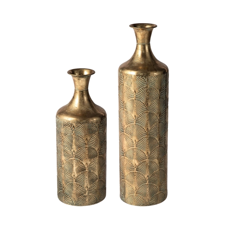 Ginkgo Pattern Floor Vases Set Antique Gold Verdigris Patina Art Deco