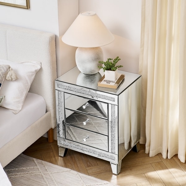 Glam 3-Drawer Nightstand: Crushed Glass Inlay Borders, Tapered Legs